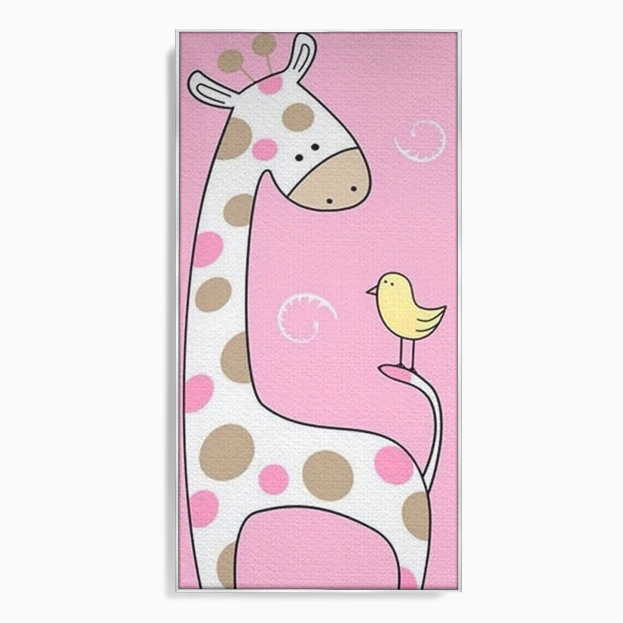 Tablou canvas cu ilustratie cu o girafa si o pasare, in rama de aluminiu argintiu